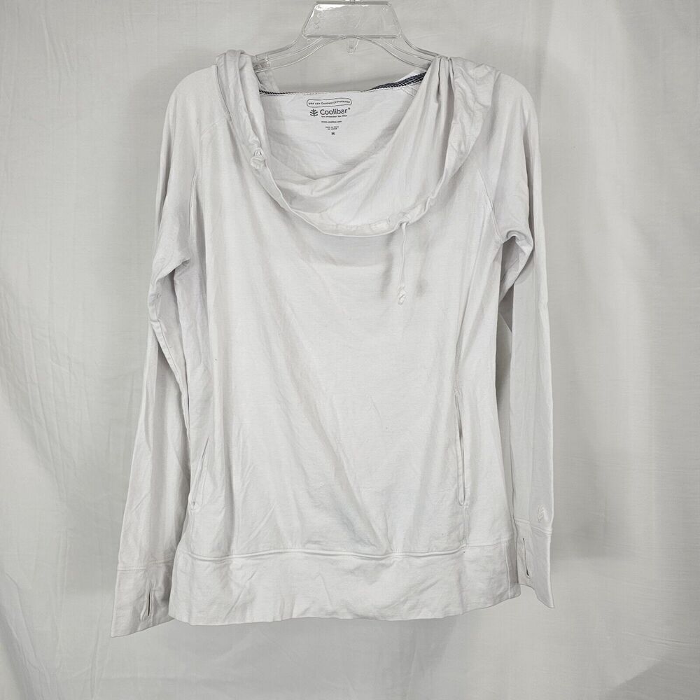 Coolibar White Cowl Neck Pullover Women's Size Medium Kangaroo Pocket Thumbholes
